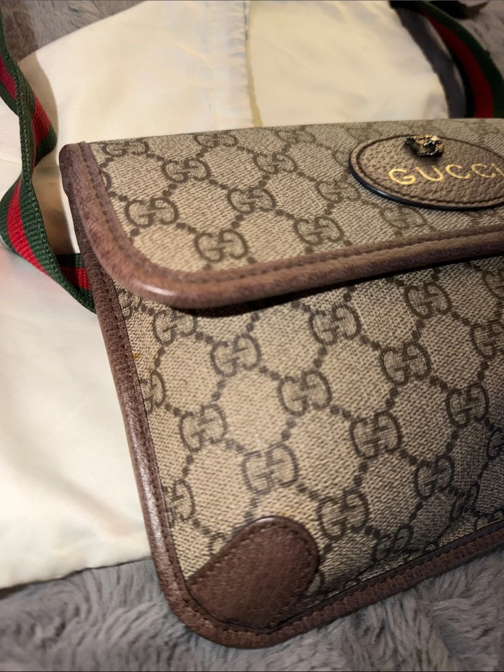 Preloved Gucci Brown GG Canvas Belt Bag with Green-Red Web Strap with Dust bag